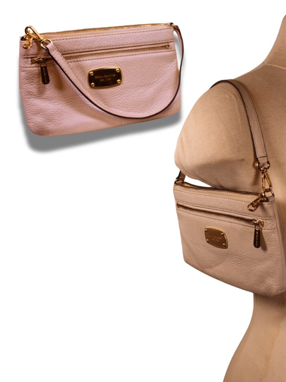 Michael Kors Cream Leather Mini Shoulder Bag Gold Logo Zip Pochette - Picture 2 of 4